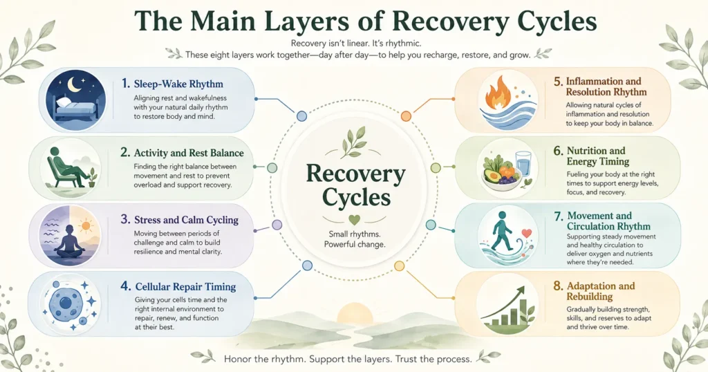 Infographic titled The Main Layers of Recovery Cycles showing eight connected layers: sleep-wake rhythm, activity and rest balance, stress and calm cycling, cellular repair timing, inflammation and resolution rhythm, nutrition and energy timing, movement and circulation rhythm, and adaptation and rebuilding.