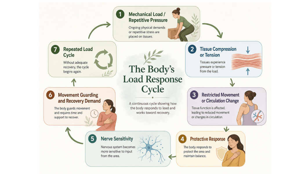 mechanical-damage-nerve-sensitivity-flow. Flowchart showing how mechanical load may contribute to tissue stress, protective response, nerve sensitivity, and recovery demand