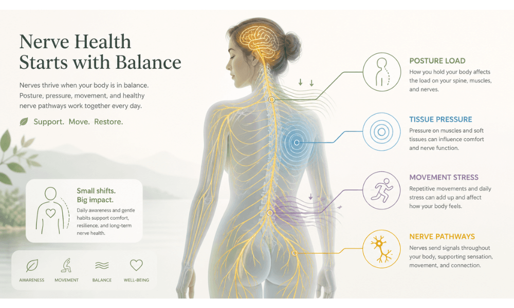 mechanical-damage-system-hero. Illustration of the Mechanical Damage System showing posture load, tissue pressure, and nerve sensitivity connections