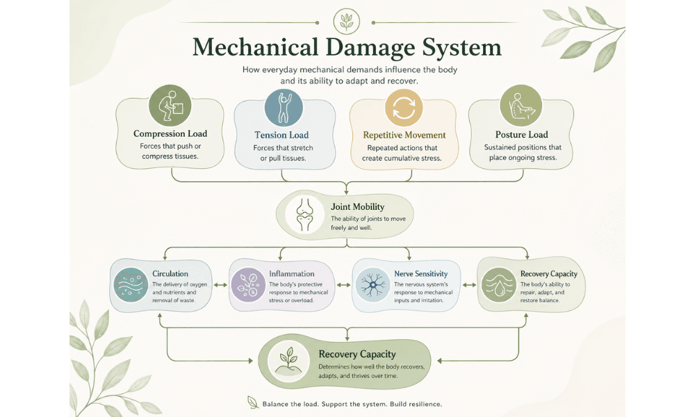 mechanical-damage-system-map. System map showing mechanical load, compression, tension, posture stress, circulation, inflammation, and nerve sensitivity