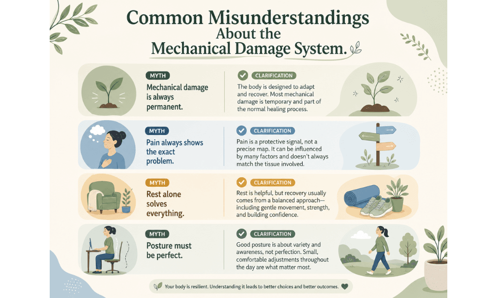 mechanical-damage-system-misunderstandings. Infographic explaining common misunderstandings about the Mechanical Damage System and nerve sensitivity