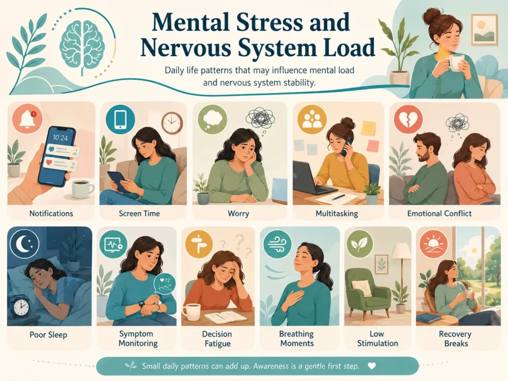 Daily patterns that may influence Mental Stress and Nervous System Load including notifications, screen time, worry, multitasking, emotional conflict, poor sleep, symptom monitoring, and quiet time