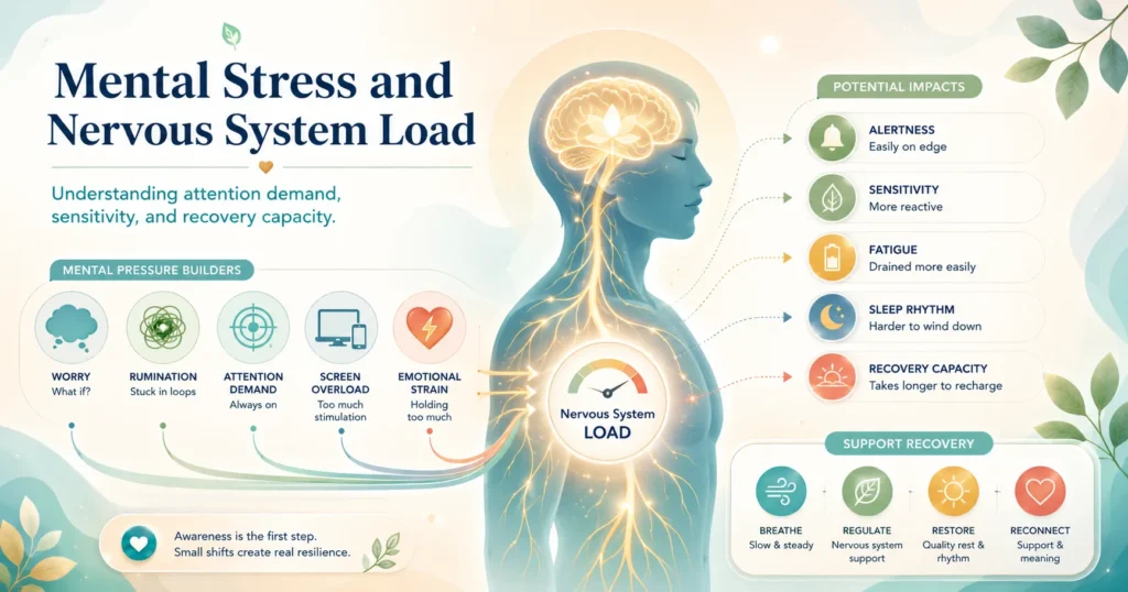 Mental Stress and Nervous System Load educational illustration showing mental pressure, nervous system alertness, attention demand, emotional strain, and recovery capacity