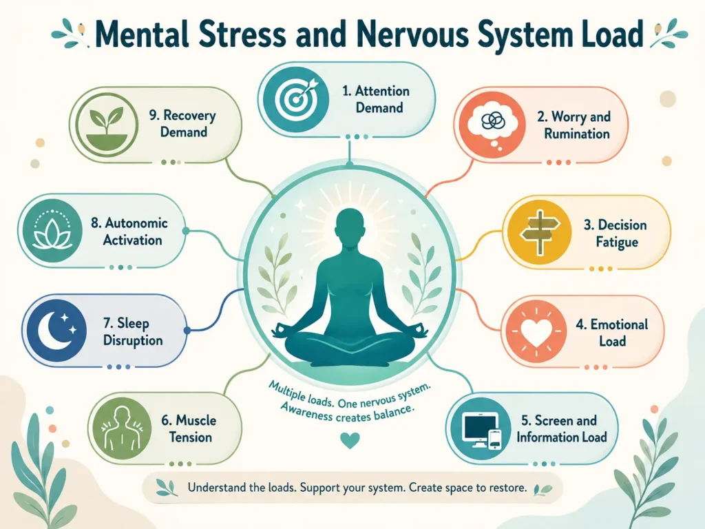 Mental Stress and Nervous System Load system map showing attention demand, worry, decision fatigue, emotional load, screen stimulation, muscle tension, and recovery demand