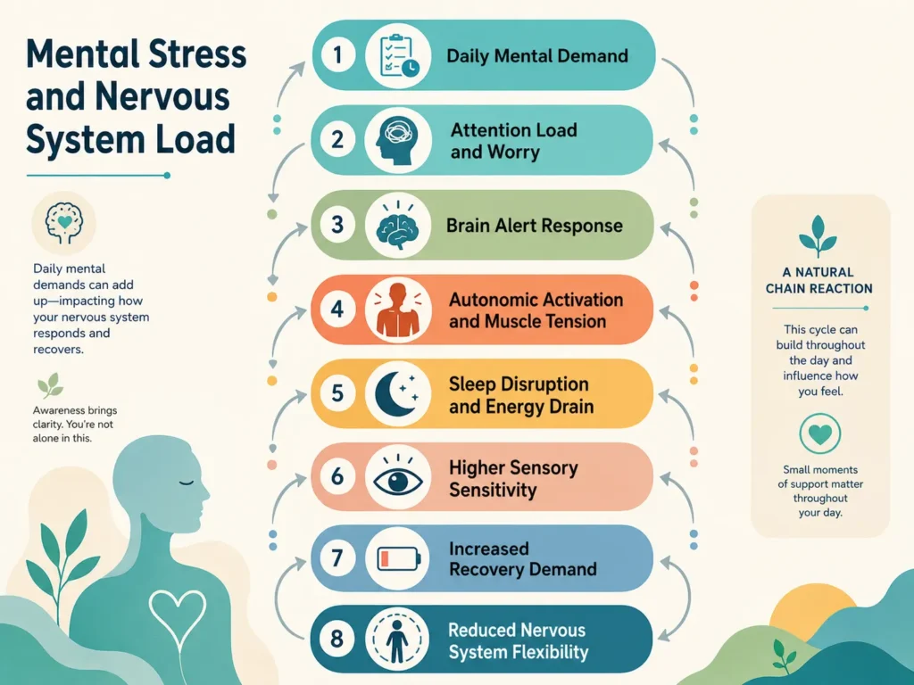 Mental Stress and Nervous System Load visual flow from daily mental demand to attention load, brain alert response, autonomic activation, sleep disruption, sensitivity, and recovery demand