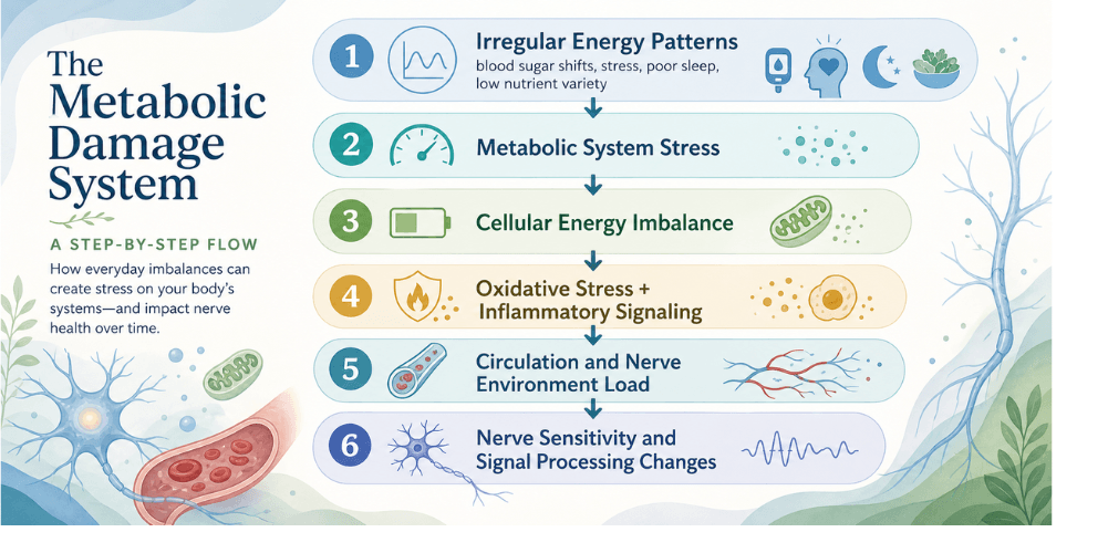 Metabolic Damage System flow diagram showing how energy imbalance may influence nerve sensitivity and signal processing