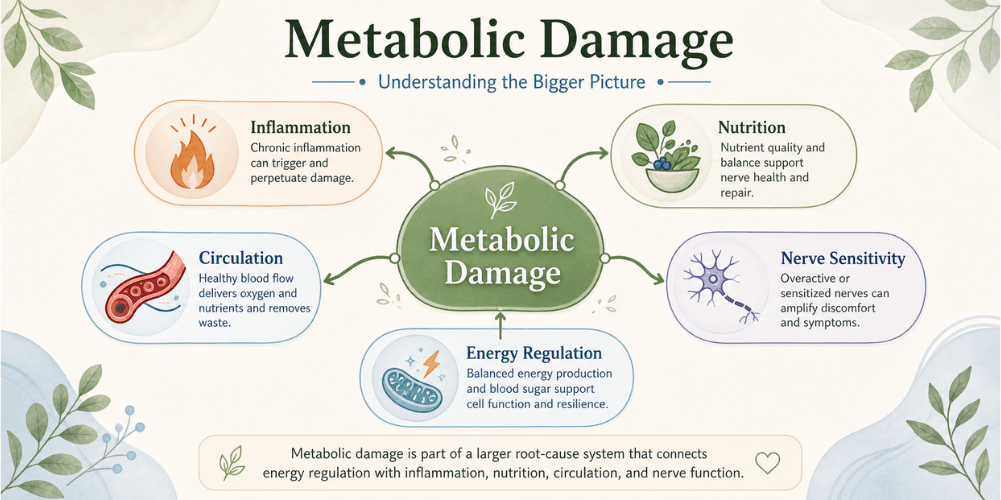 Root-cause system map connecting metabolic damage, inflammation, nutrition, circulation, and nerve sensitivity
