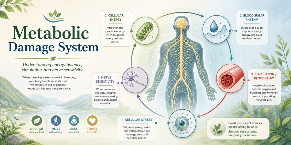 Metabolic Damage System hero image showing cellular energy, blood sugar rhythm, circulation, and nerve health concepts