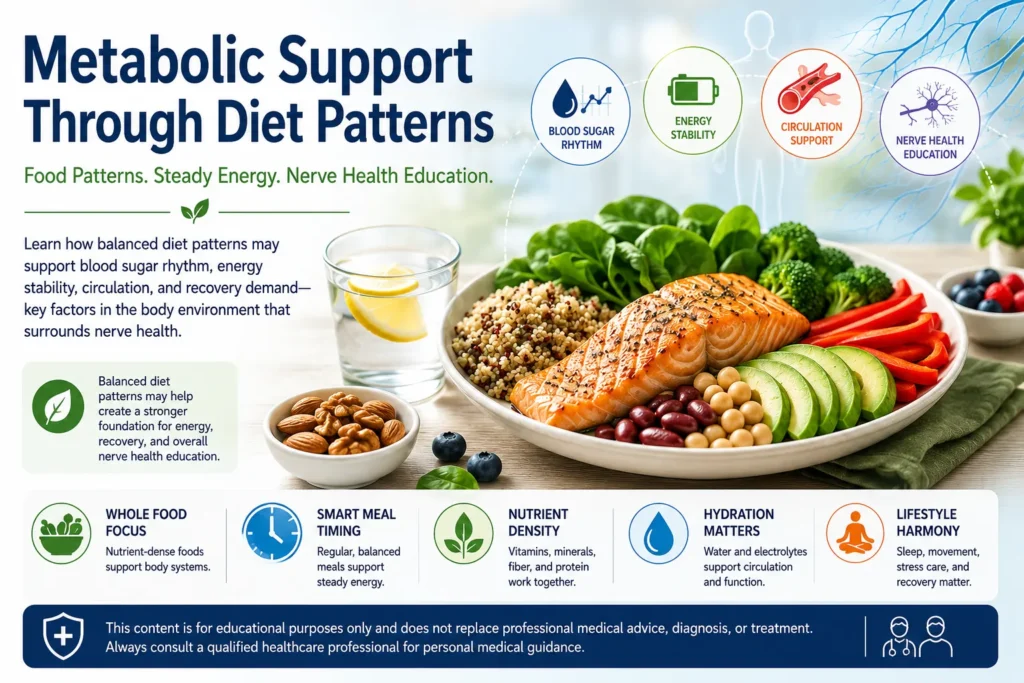 Balanced diet patterns supporting blood sugar rhythm, energy stability, circulation, and nerve health education.