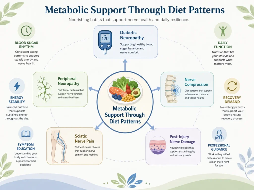 Educational infographic showing how metabolic support through diet patterns may connect with diabetic neuropathy, peripheral neuropathy, nerve compression, sciatic nerve pain, and post-injury nerve damage.