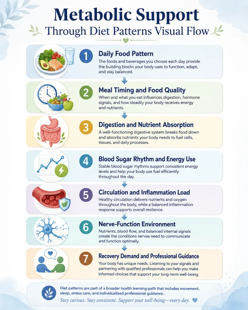Visual flow showing diet pattern, meal timing, digestion, blood sugar rhythm, circulation, nerve-function environment, and recovery demand.
