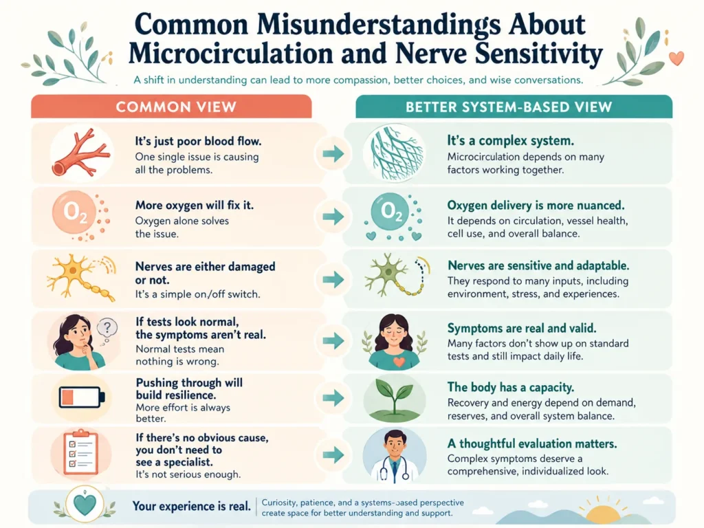 Common misunderstandings about Microcirculation compared with safer system-based views for nerve health education.
