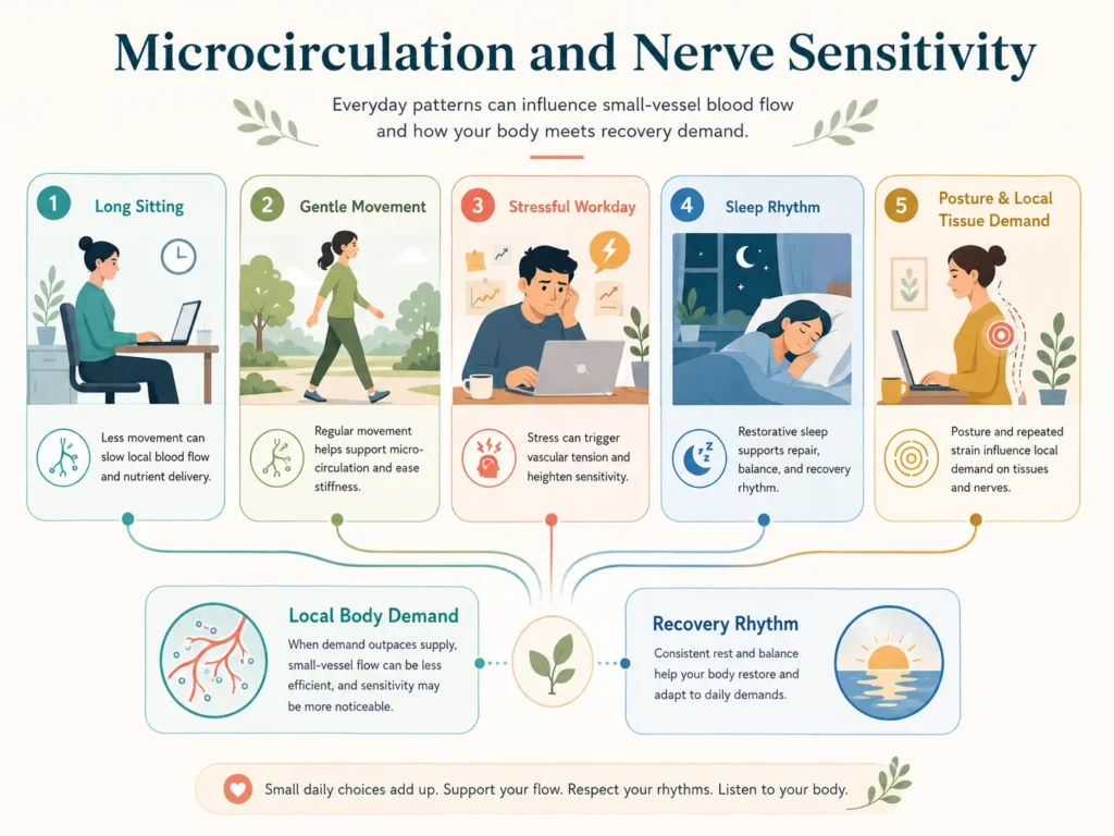 Daily-life patterns showing long sitting, stress, sleep rhythm, gentle movement, and posture connected with Microcirculation and Nerve Sensitivity.