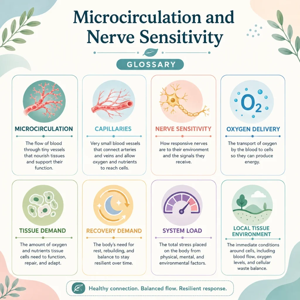 Plain meaning glossary visual explaining microcirculation, capillaries, nerve sensitivity, oxygen delivery, tissue demand, and recovery demand.