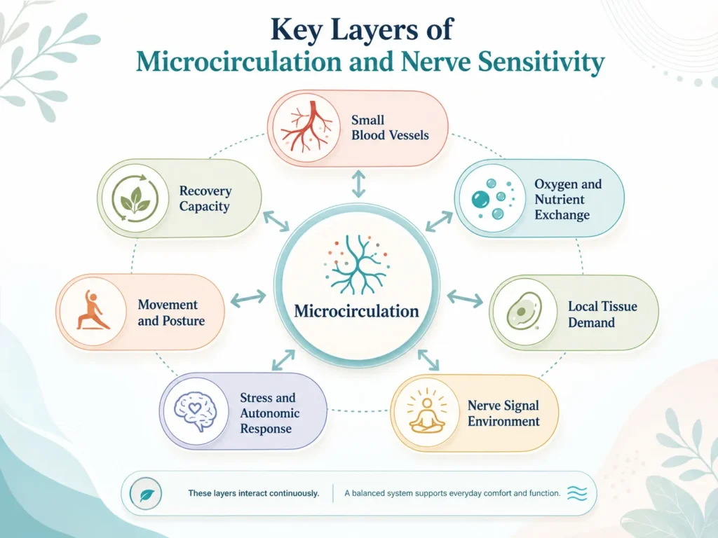 Microcirculation system map showing small blood vessels, oxygen exchange, tissue demand, nerve signaling, stress, movement, and recovery capacity.
