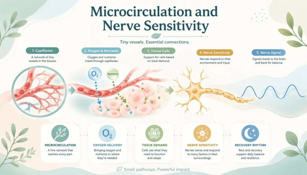 Microcirculation and Nerve Sensitivity educational visual showing tiny blood vessels, oxygen delivery, and nerve signaling.