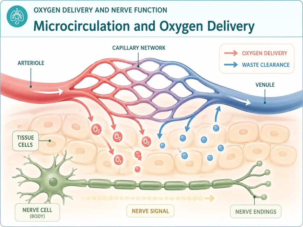 Microcirculation and Oxygen Delivery Microcirculation visual showing small blood vessels delivering oxygen near nerve-related tissues.