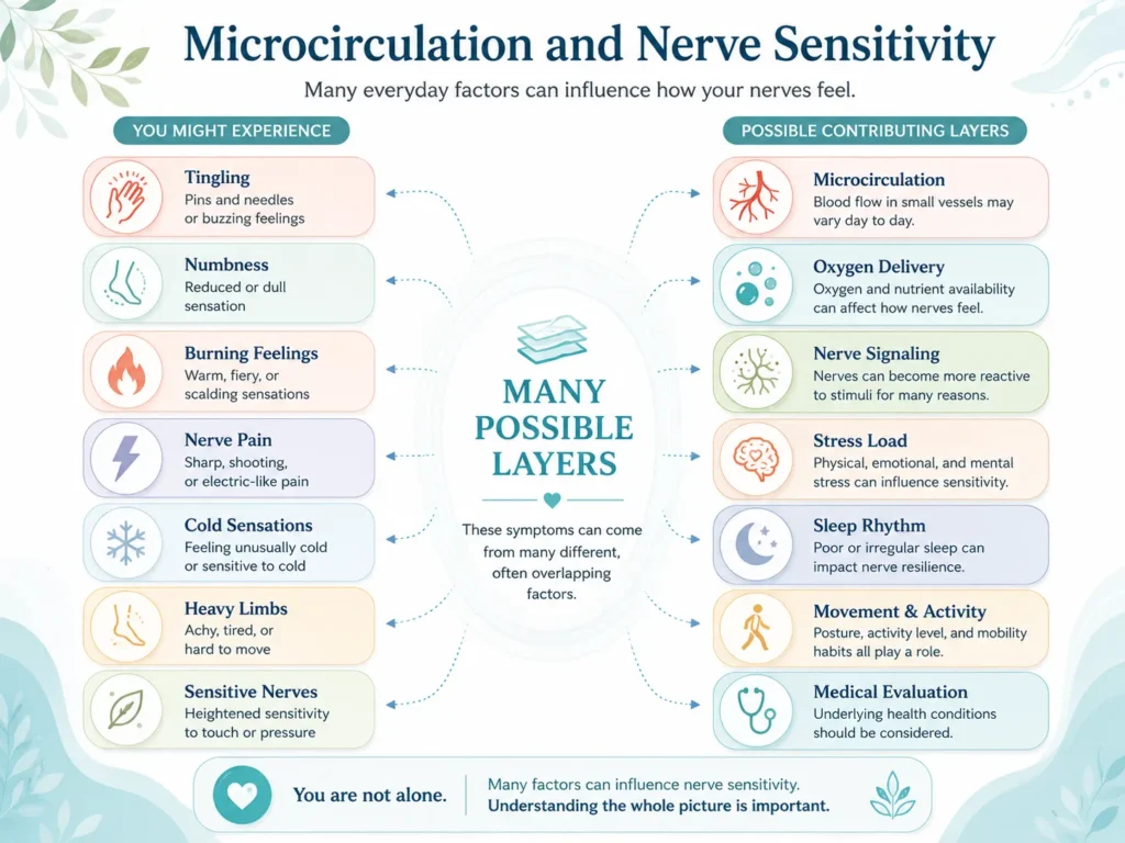 Microcirculation symptom bridge showing tingling, numbness, burning feelings, nerve pain, cold sensations, and sensitive nerves as symptoms with many possible causes.