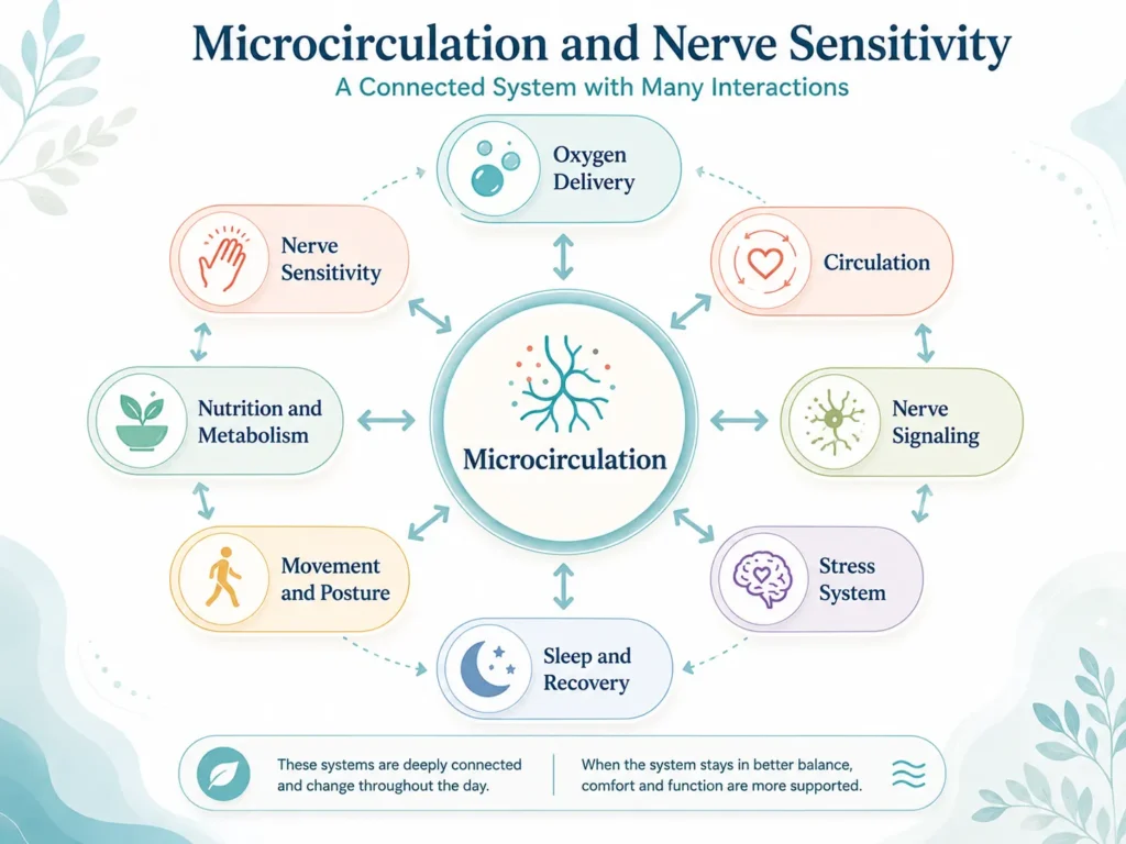 Microcirculation interactions with oxygen delivery, circulation, nerve signaling, stress, sleep, movement, nutrition, and recovery demand.