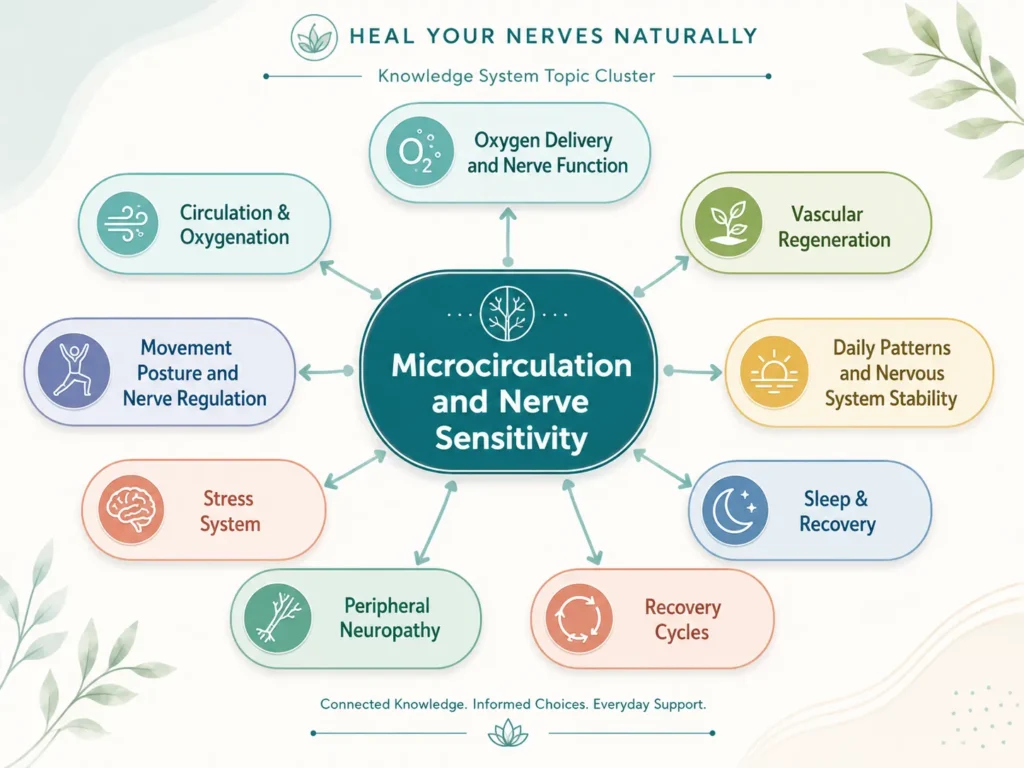 Topic cluster map showing Microcirculation and Nerve Sensitivity connected with Oxygen Delivery, Circulation, Vascular Regeneration, Movement Posture, Sleep Recovery, Stress System, and Recovery Cycles.
