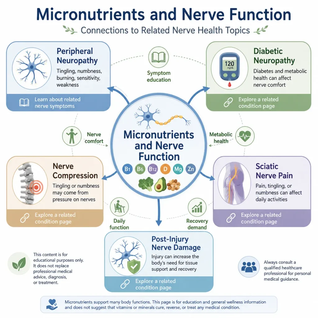 Micronutrients and Nerve Function Related Condition Connections Educational infographic showing how micronutrients and nerve function may connect with related nerve condition pages such as peripheral neuropathy, diabetic neuropathy, nerve compression, sciatic nerve pain, and post-injury nerve damage.