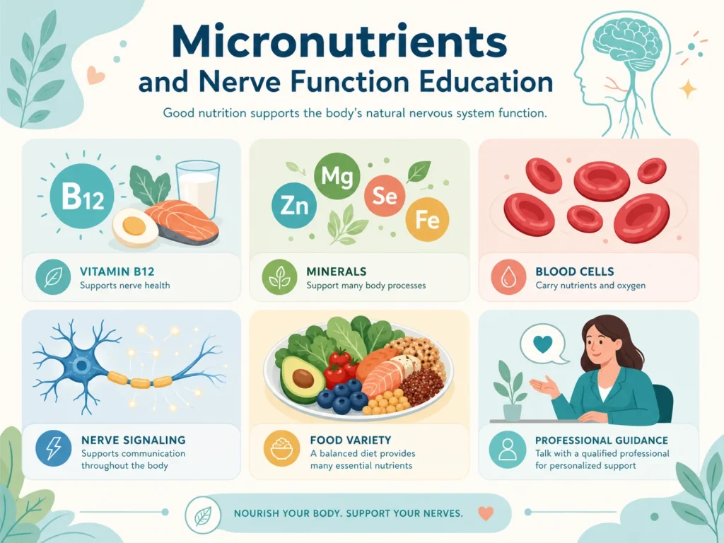 Micronutrients and Nerve Function Education Micronutrient education visual showing vitamins, minerals, nerve signaling, blood cells, and safe nutrition learning.