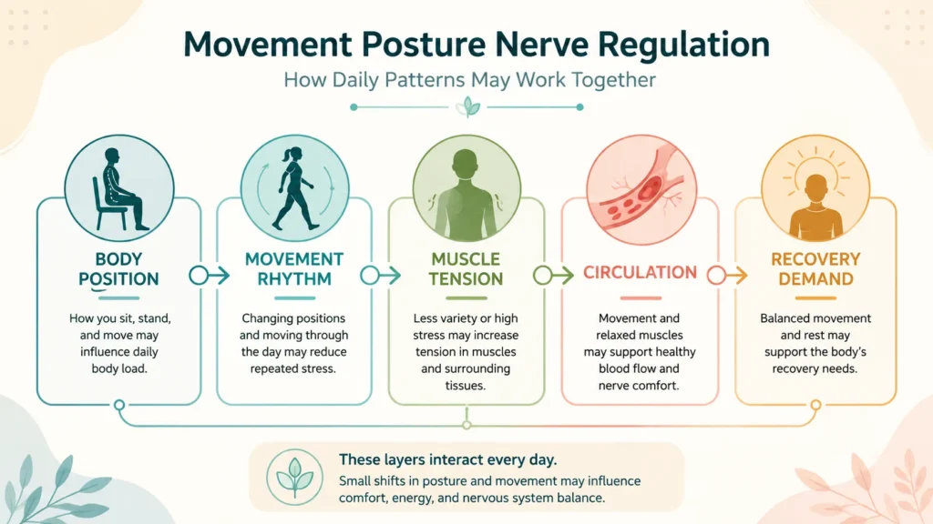 Movement and Posture Body Load Concept Educational concept image showing posture, movement rhythm, muscle tension, and recovery demand.