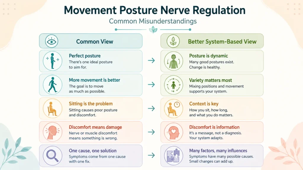 Movement and Posture Common Misunderstandings Educational infographic showing common misunderstandings about posture, movement, and nerve comfort.