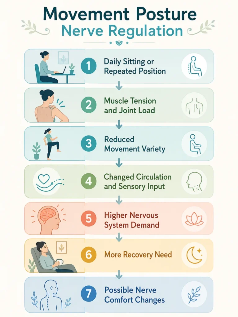 Movement Posture Nerve Regulation Visual Flow Visual flow infographic for Movement Posture Nerve Regulation and daily nerve comfort.