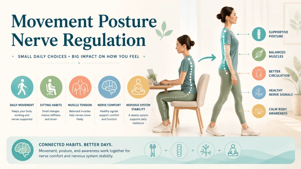 Movement Posture Nerve Regulation Hero Movement Posture Nerve Regulation educational image showing movement, posture, and nerve comfort.