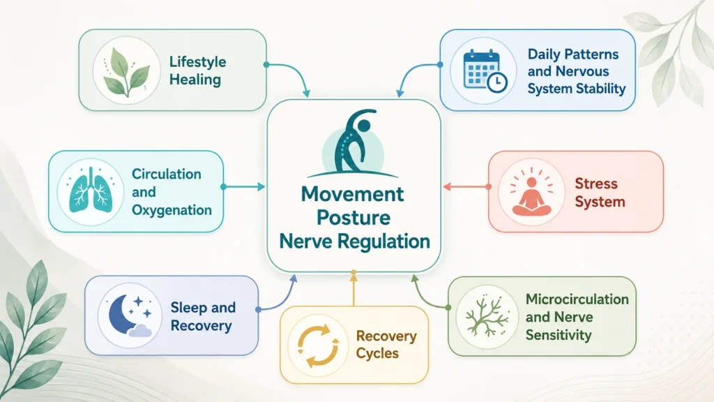 Movement Posture Related Systems Related systems image showing movement, posture, lifestyle healing, stress, sleep, circulation, and recovery cycles.