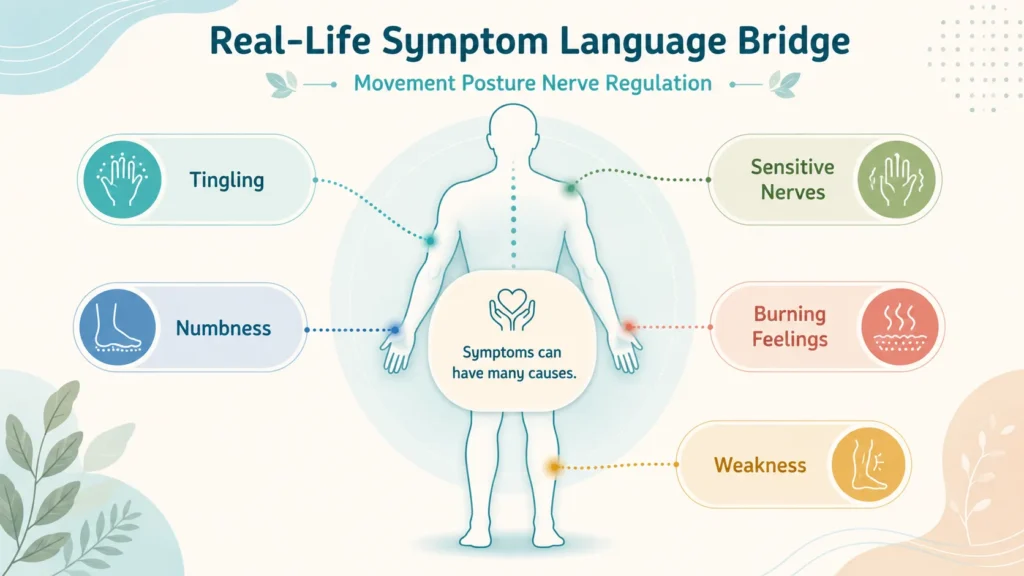 Movement Posture Symptom Language Bridge Educational image showing nerve pain, tingling, numbness, and burning feelings as symptoms with many possible causes.