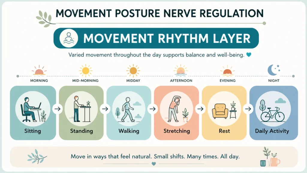 Movement Rhythm and Nerve Comfort Educational image showing movement rhythm, position changes, and daily nerve comfort.
