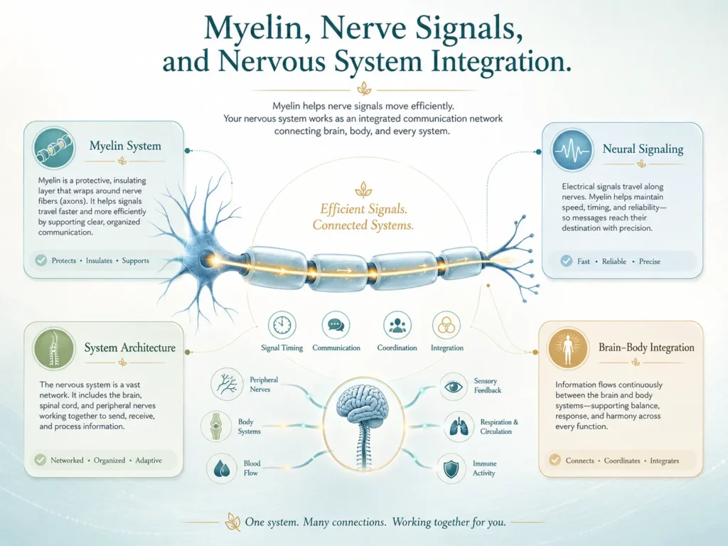 Myelin, Nerve Signals, and Nervous System Integration Myelin and nerve signals infographic showing nervous system integration, neural signaling, brain-body communication, and nervous pathways