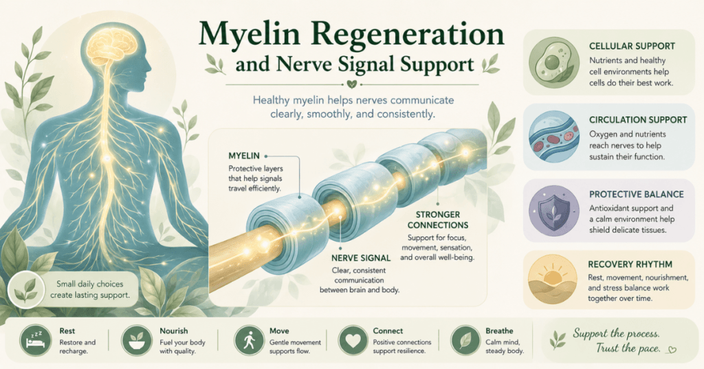 myelin-regeneration-nerve-signal-support-hero. Myelin regeneration and nerve signal support with soft nerve fibers, protective myelin layers, and recovery rhythm