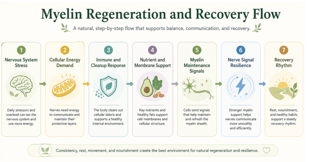 myelin-regeneration-recovery-flow. Myelin regeneration flow from nervous system stress to energy demand, immune response, nutrient support, myelin signals, nerve resilience, and recovery rhythm