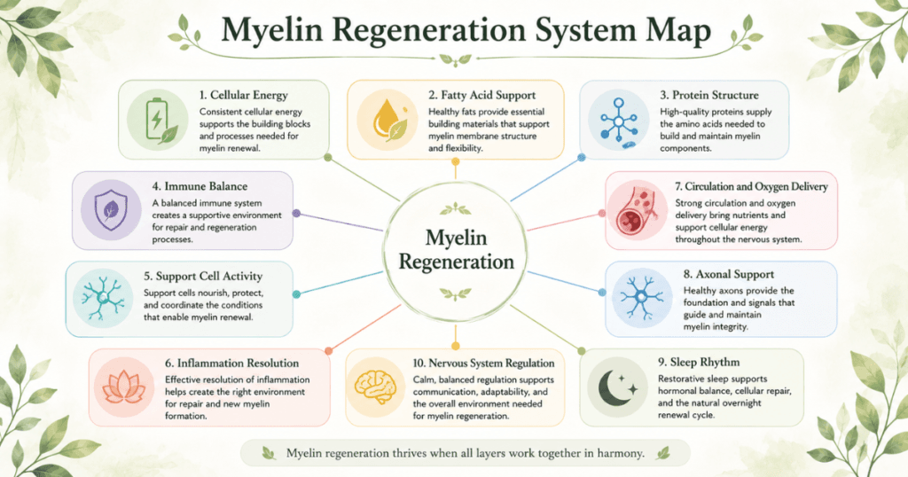 myelin-regeneration-system-map. Myelin regeneration system map with cellular energy, fatty acids, protein structure, immune balance, support cells, inflammation, circulation, axonal support, sleep, and nervous system regulation