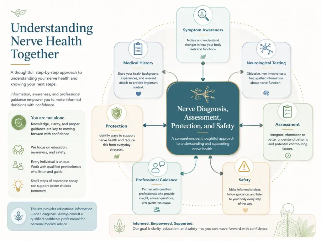 Nerve Diagnosis, Assessment, Protection, and Safety Education Nerve diagnosis and safety infographic showing symptom awareness, medical history, neurological testing, assessment, protection, and professional guidance