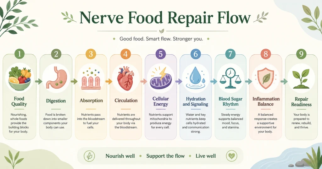 Nerve Food Repair flow from food quality to digestion, absorption, circulation, cellular energy, hydration, blood sugar rhythm, inflammation balance, and repair readiness