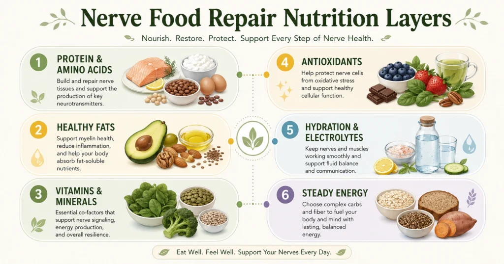 Nerve Food Repair nutrition layers showing protein, healthy fats, vitamins, minerals, antioxidants, hydration, electrolytes, and steady energy