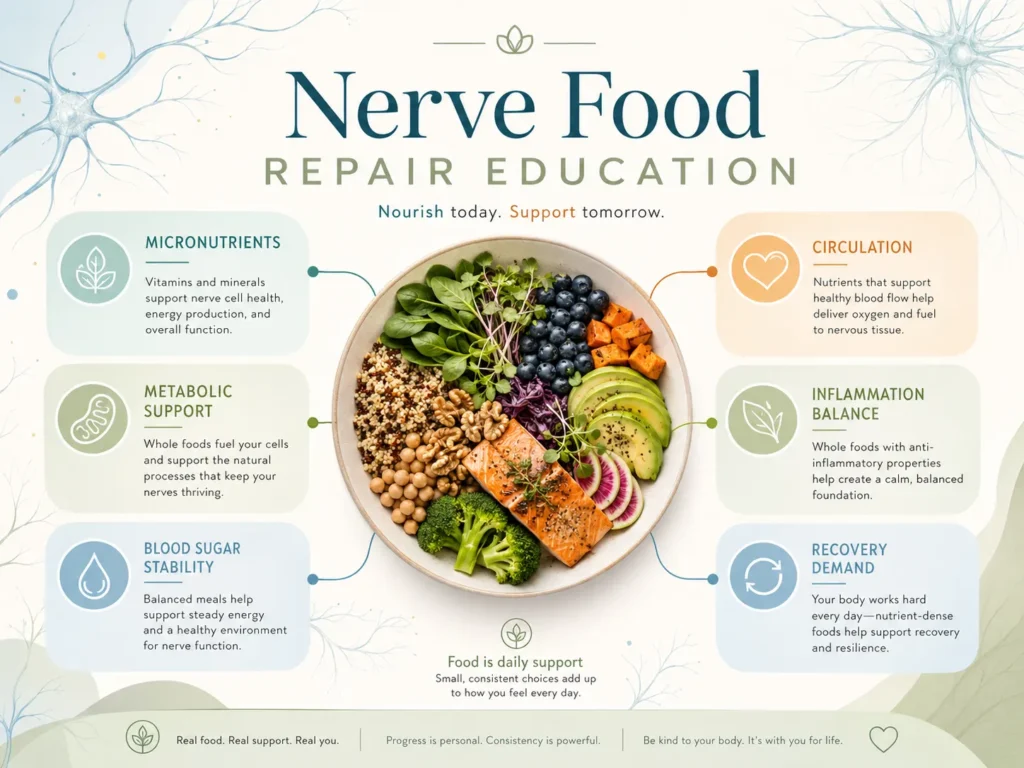 Nerve Food Repair and Nutrition Support Nerve food repair education showing food patterns, micronutrients, metabolism, circulation, and nerve support