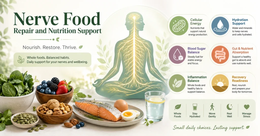 Peaceful human silhouette with glowing nerve pathways surrounded by whole foods, hydration, and recovery support symbols.