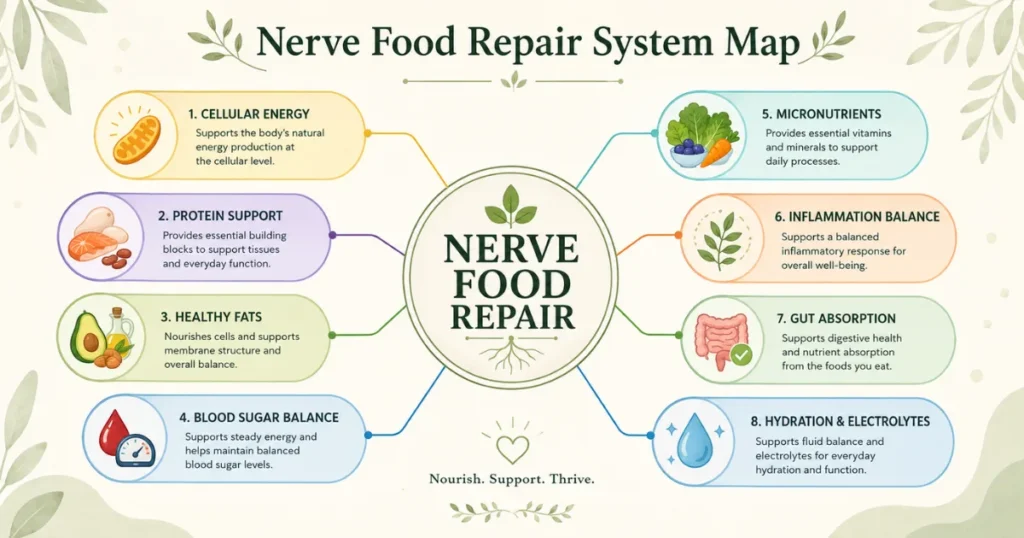 Mini infographic titled Nerve Food Repair Quick Guide showing nerve food repair in the center with icons for cellular energy, protein support, healthy fats, blood sugar balance, micronutrients, inflammation balance, gut absorption, hydration, and food readiness.