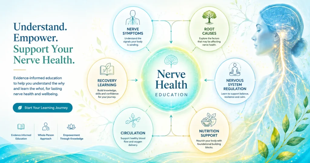 Nerve Health Education Homepage Guide Nerve health education guide showing symptoms, root causes, body systems, and recovery learning
