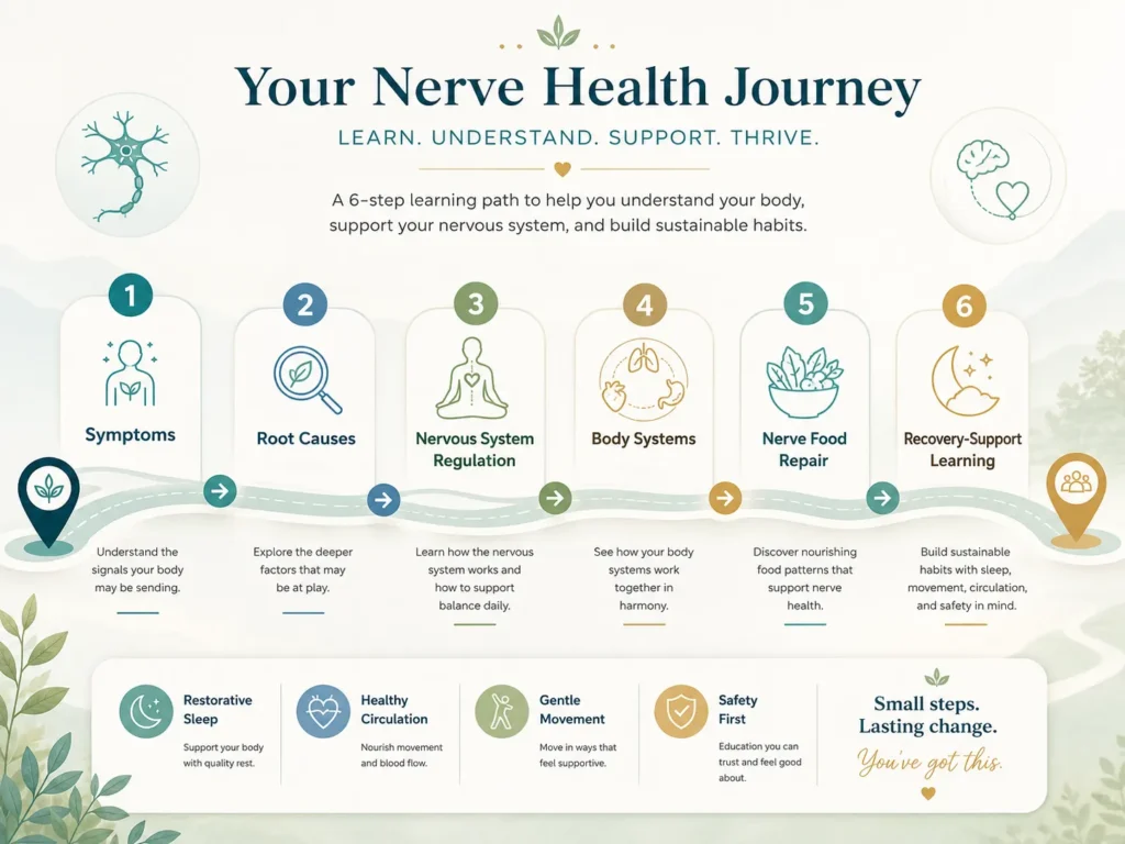 Nerve Health Learning Path Flow Nerve health learning path from symptoms to root causes, regulation, nutrition, regeneration, and safety
