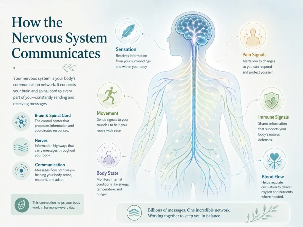 Nervous System Communication and Brain Body Integration Nervous system communication diagram showing brain, spinal cord, nerves, body systems, and sensory signals
