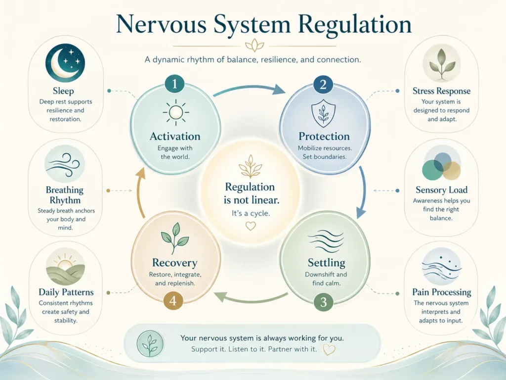 Nervous System Regulation and Recovery Balance Nervous system regulation diagram showing activation, settling, sensory load, stress response, and recovery