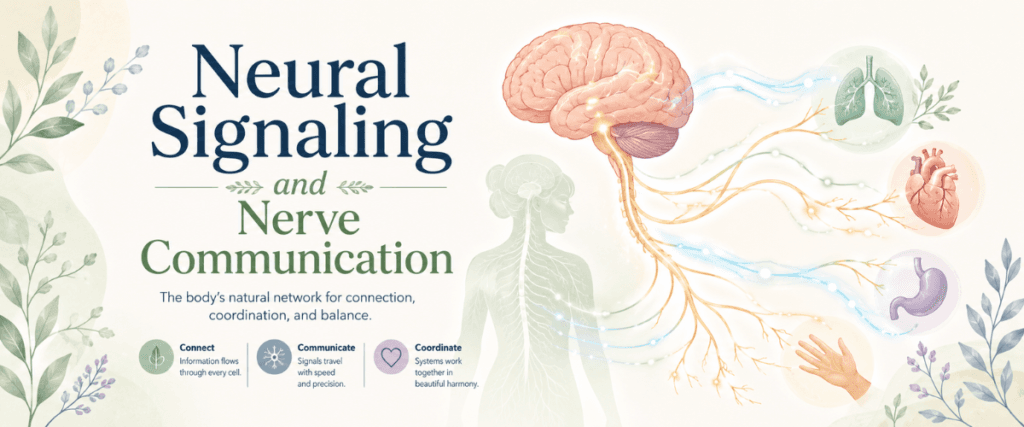 Neural signaling shown as a calm nerve communication network between the brain, spinal cord, and body.
