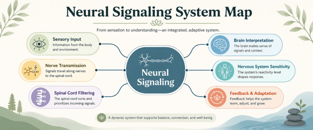 Neural signaling system map showing sensory input, nerve transmission, spinal cord filtering, brain interpretation, and sensitivity.