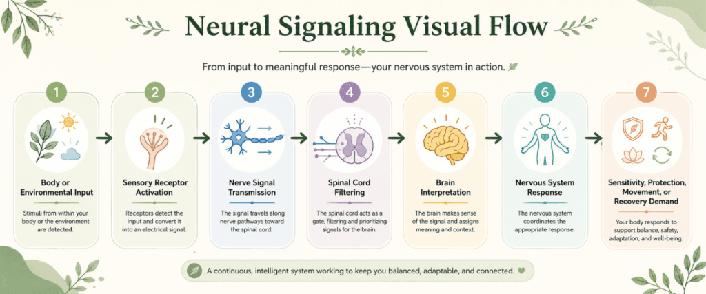 Educational neural signaling flow from body input to sensory receptors, nerve transmission, spinal cord filtering, brain interpretation, and response.